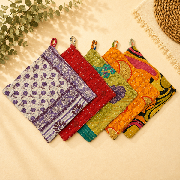 Vintage Kantha Pot Holders Set of 5, Handmade Quilted Hot Pads, Recycled Sari Trivets, Colorful Patchwork Boho Kitchen Decor
