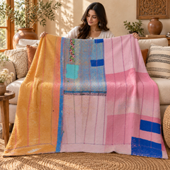 Mustard Yellow & Pink Vintage Kantha Quilt Handmade Cotton Throw Blanket with Blue Patchwork – 60x80 Inches