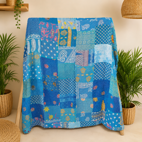 Blue Vintage Kantha Patchwork Quilt, Handmade Indian Sari Bedspread, Boho Cotton Throw Blanket, Reversible Rustic Home Decor