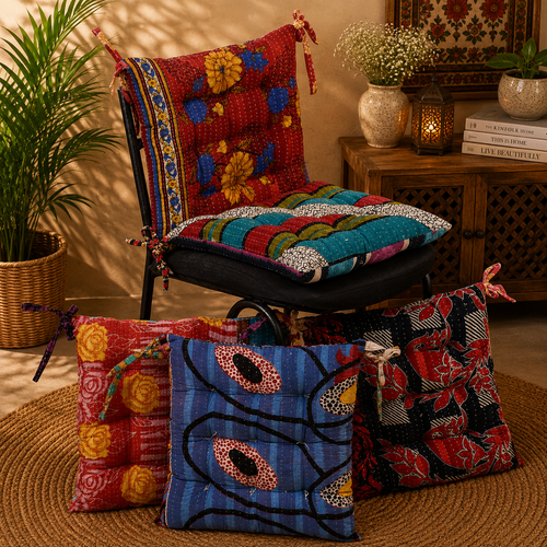 Handmade Kantha Chair Cushion, Cotton Seat Cushion, Quilted Chair Pad, Tie-On Chair Cushion, Boho Floral Cushion, Dining Chair Cushion, Floor Cushion
