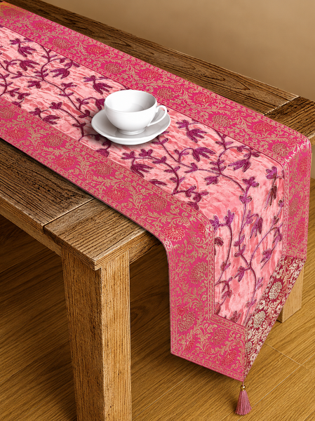 Pink Floral Gold Embroidered Silk Vintage-Style Brocade Table Runner