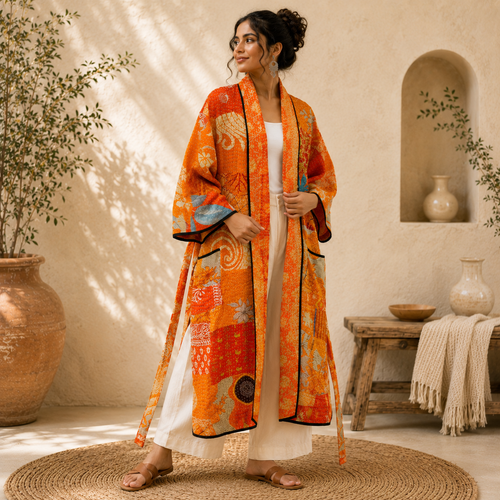 Patchwork Bath Robe | Vintage Kantha Cotton Kimono | Cotton Robe | Night Wear Suit | Long Cotton Robe (13 Colour Option Available)