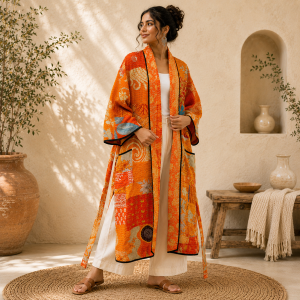 Indian Handmade Vintage Kantha Kimono Robe, Orange Patchwork One Size Robe