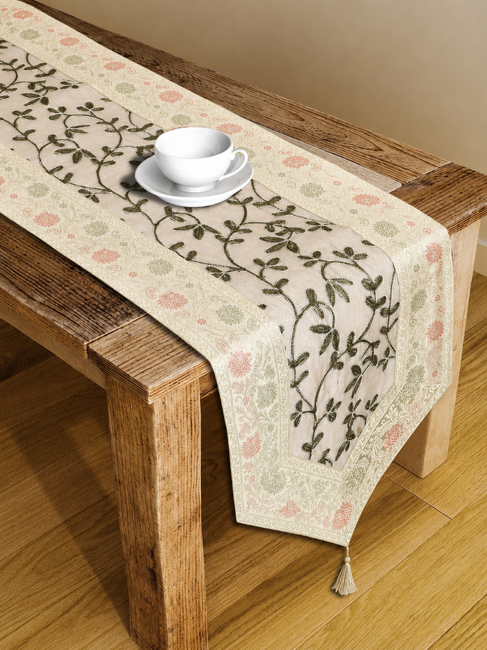 White Floral Table Runner Silk Brocade 14x72 Inch Table Runner