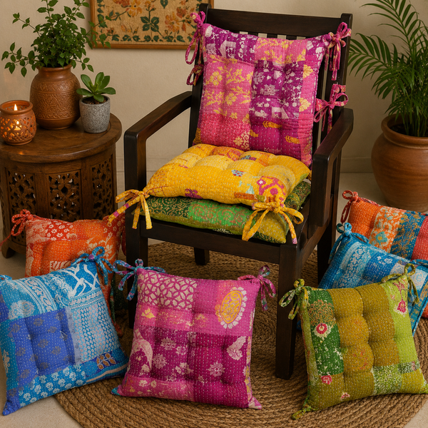 Set Of 2 Chair Pad Recycled Cotton Saree Handmade Chair Cushion