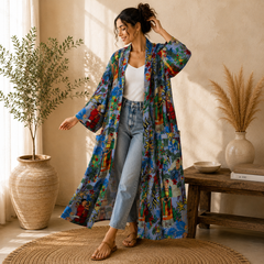Handmade Cotton Kimono Robe for Women | Boho Floral Blue Kimono | Lightweight Cotton Lounge Robe | Beach Cover Up | Free Size