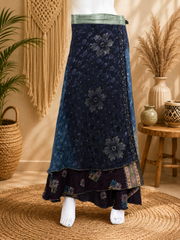 Vintage Blue Floral Wrap Skirt for Women | Handmade Upcycled Sari Maxi Skirt | Adjustable Tie Waist Boho Skirt | Festival Beach Skirt | Sustainable Clothing