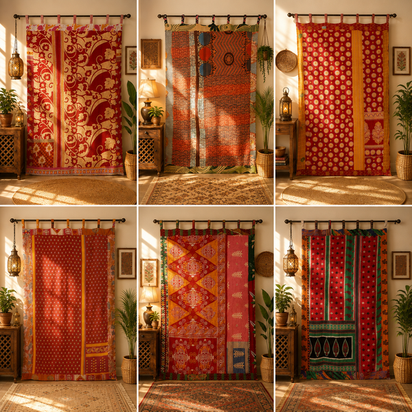 Red Kantha Patchwork Curtain, Vintage Recycled Sari Door Curtain, Handmade Boho Window Panel, Indian Cotton Tapestry, Assorted Decor