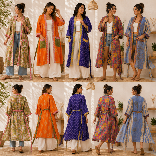 Vintage Kantha Cotton Kimono Robe 1 Pcs – Handmade Boho Long Jacket, Colorful Indian Sari Cover Up, Women’s Robe S–2XL, 1 Piece Only