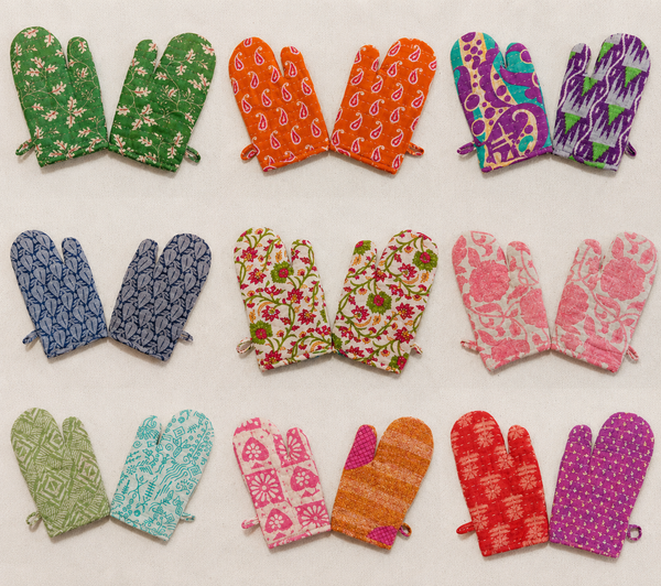Indian Kantha Cotton Oven Mitts Gloves Set Of 2 Pcs