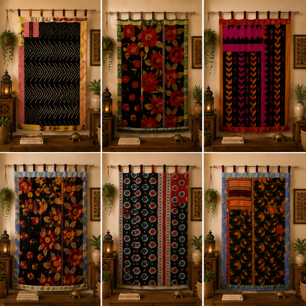 Handmade Kantha Tab Top Curtain, Cotton Patchwork Window Curtain, Boho Curtain Panel, Vintage Kantha Drapes, Farmhouse Curtain, Mixed Assorted Curtain