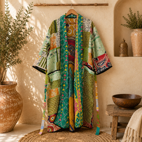 Patchwork Bath Robe | Vintage Kantha Cotton Kimono | Cotton Robe | Night Wear Suit | Long Cotton Robe (13 Colour Option Available)