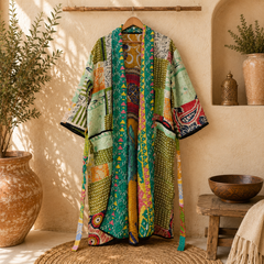 Patchwork Bath Robe | Vintage Kantha Cotton Kimono | Cotton Robe | Night Wear Suit | Long Cotton Robe (13 Colour Option Available)
