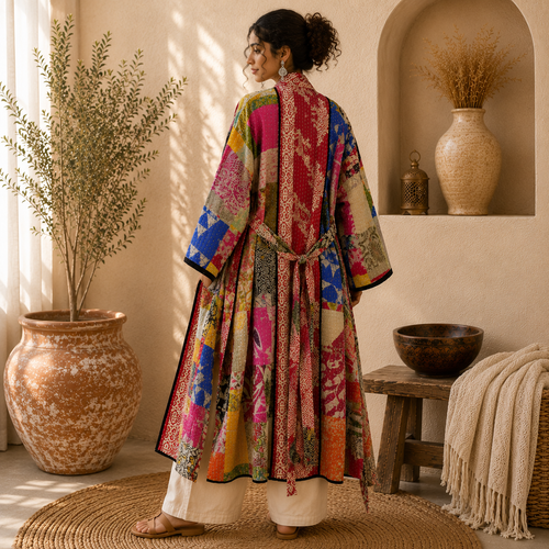 Assorted Vintage Kantha Cotton Patchwork Kimono Long Robe