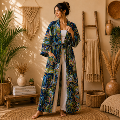 Women's Cotton Paisley Print Long Kimono Robe | Boho Open Front Lightweight Duster Cardigan with Belt