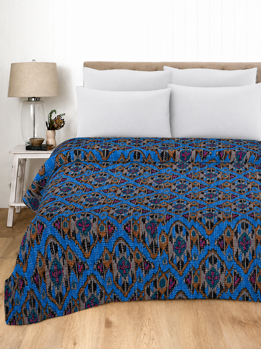 Ikat Print Blue Pure Cotton Quilt Bedspread
