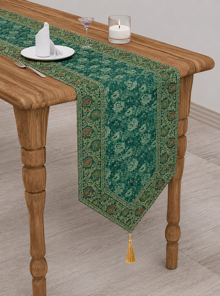 Rama Green Embroidered Brocade Table Runner - Perfect Wedding Decor, Luxury Gift