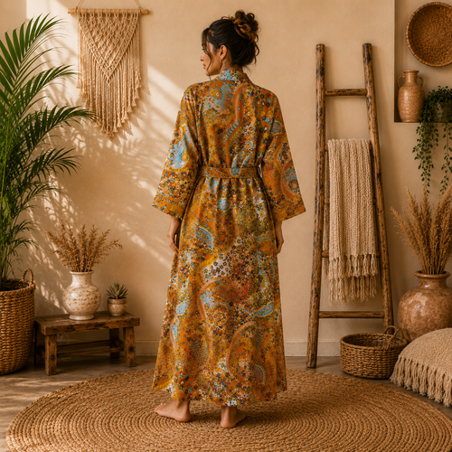 Women's Cotton Mustard Paisley Print Long Kimono Robe | Boho Open Front Lightweight Duster Cardigan with Belt