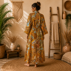 Women's Cotton Mustard Paisley Print Long Kimono Robe | Boho Open Front Lightweight Duster Cardigan with Belt