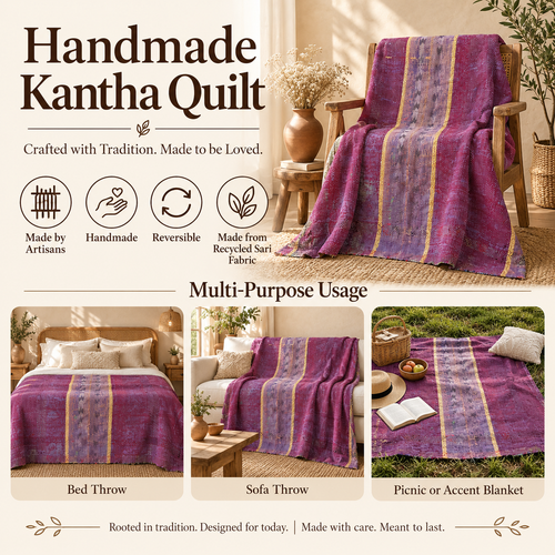 Purple Magenta Vintage Kantha Quilt Handmade Reversible Cotton Throw Blanket – 60x90 Inches