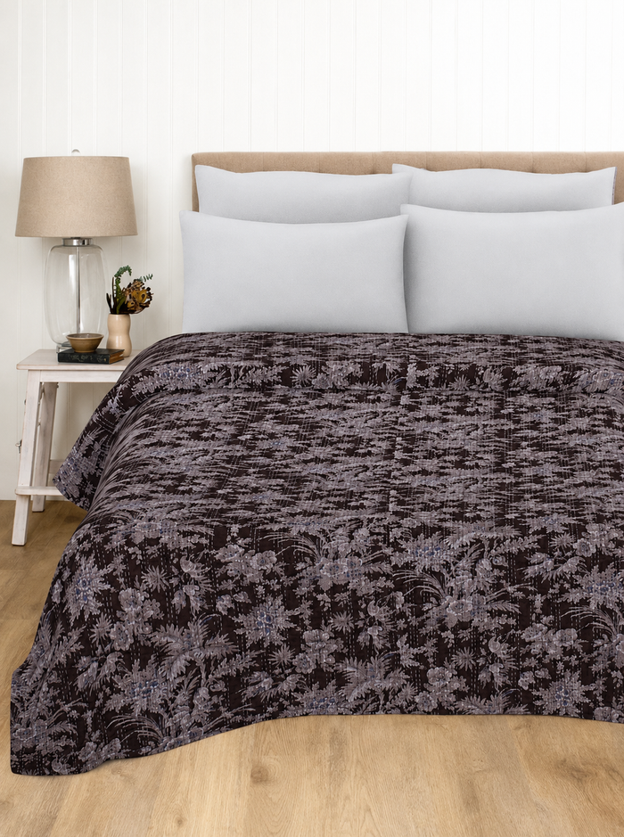 Brown Floral Kantha Handmade Bedding Quilt