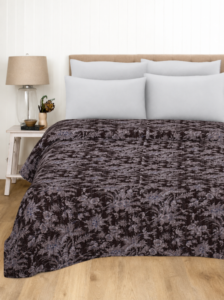 Brown Floral Kantha Handmade Bedding Quilt