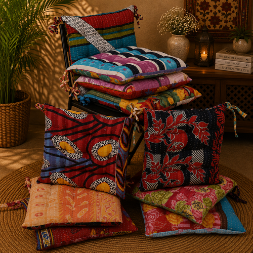 Handmade Kantha Chair Cushion, Cotton Seat Cushion, Quilted Chair Pad, Boho Cushion, Tie-On Chair Cushion, Floral Floor Cushion, Dining Chair Cushion