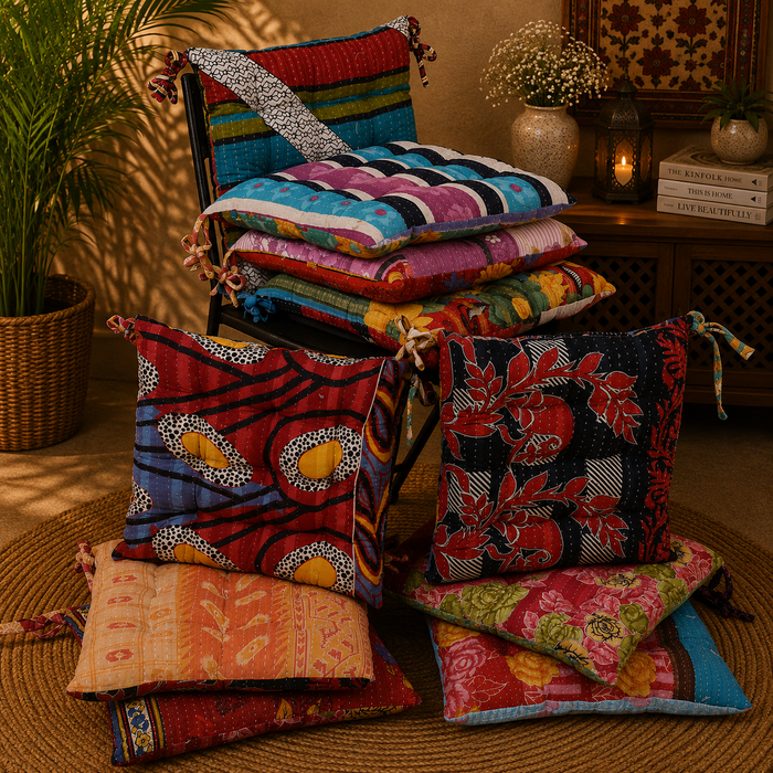 Handmade Kantha Chair Cushion, Cotton Seat Cushion, Quilted Chair Pad, Boho Cushion, Tie-On Chair Cushion, Floral Floor Cushion, Dining Chair Cushion