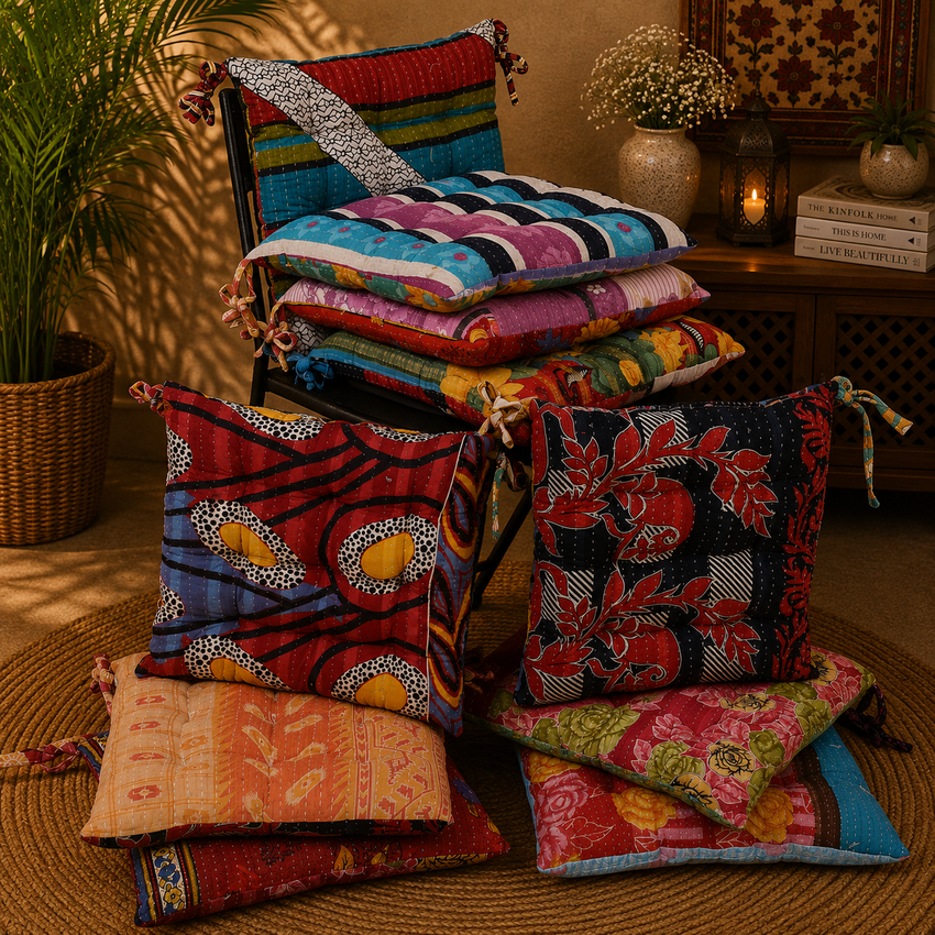 Handmade Kantha Chair Cushion, Cotton Seat Cushion, Quilted Chair Pad, Boho Cushion, Tie-On Chair Cushion, Floral Floor Cushion, Dining Chair Cushion