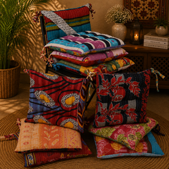 Handmade Kantha Chair Cushion, Cotton Seat Cushion, Quilted Chair Pad, Boho Cushion, Tie-On Chair Cushion, Floral Floor Cushion, Dining Chair Cushion