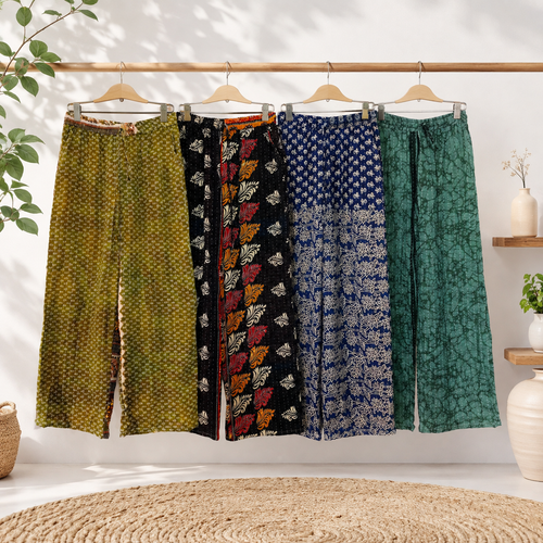 Handmade Kantha Cotton Wide Leg Pants 1 Pcs, 2 Layer Vintage Sari Palazzo Trousers, Boho Patchwork Lounge Pants, Adjustable Waist