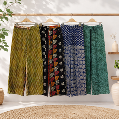 Handmade Kantha Cotton Wide Leg Pants 1 Pcs, 2 Layer Vintage Sari Palazzo Trousers, Boho Patchwork Lounge Pants, Adjustable Waist