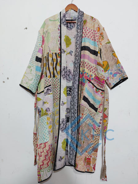 Vintage Kantha White Patchwork Handmade Cotton Kimono Robe One Size 1 Pcs