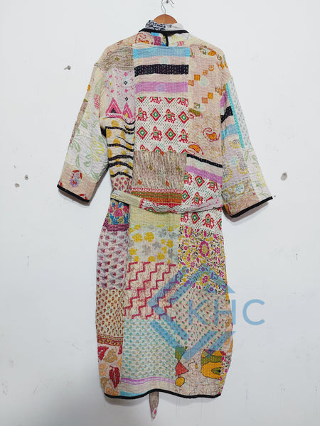 Vintage Kantha White Patchwork Handmade Cotton Kimono Robe One Size 1 Pcs