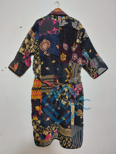 Vintage Kantha Black Patchwork Handmade Cotton Kimono Robe One Size 1 Pcs