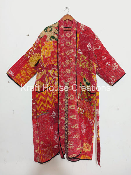 Indian Vintage Kantha Cotton Red Patchwork Kimono Long Robe