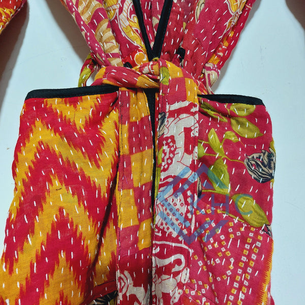 Indian Vintage Kantha Cotton Red Patchwork Kimono Long Robe