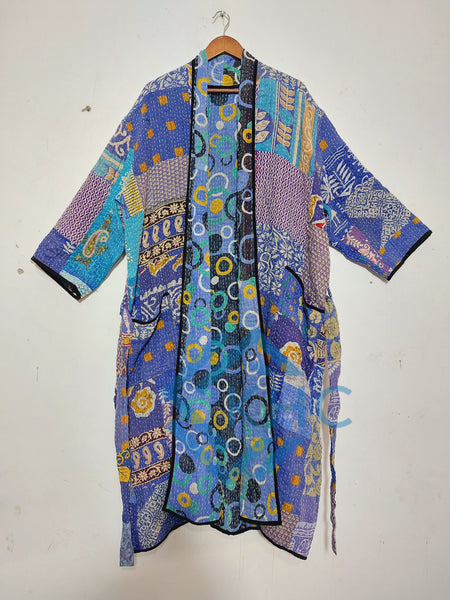 Vintage Kantha Blue Patchwork Handmade Cotton Kimono Robe One Size 1 Pcs