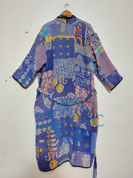Vintage Kantha Blue Patchwork Handmade Cotton Kimono Robe One Size 1 Pcs
