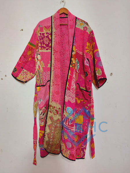 Indian Handmade Vintage Kantha Quilt Pink Patchwork Kimono Robe One Size Robe