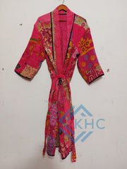 Indian Handmade Vintage Kantha Quilt Pink Patchwork Kimono Robe One Size Robe