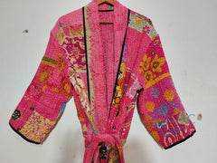 Indian Handmade Vintage Kantha Quilt Pink Patchwork Kimono Robe One Size Robe