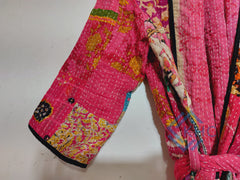 Indian Handmade Vintage Kantha Quilt Pink Patchwork Kimono Robe One Size Robe