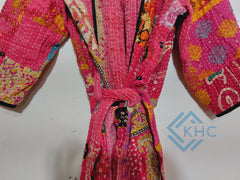 Indian Handmade Vintage Kantha Quilt Pink Patchwork Kimono Robe One Size Robe