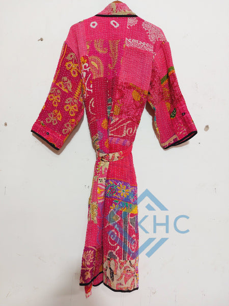 Indian Handmade Vintage Kantha Quilt Pink Patchwork Kimono Robe One Size Robe