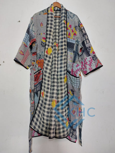 Gray Patchwork Bath Robe | Vintage Kantha Cotton Kimono | Cotton Robe Night Wear Suit | Long Robe