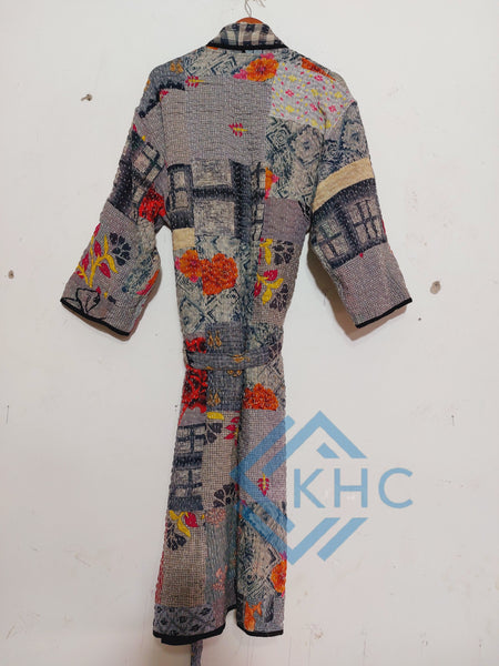 Gray Patchwork Bath Robe | Vintage Kantha Cotton Kimono | Cotton Robe Night Wear Suit | Long Robe
