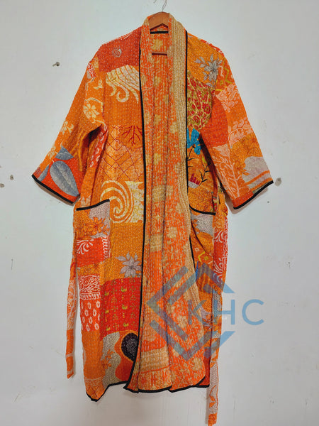 Indian Handmade Vintage Kantha Kimono Robe, Orange Patchwork One Size Robe