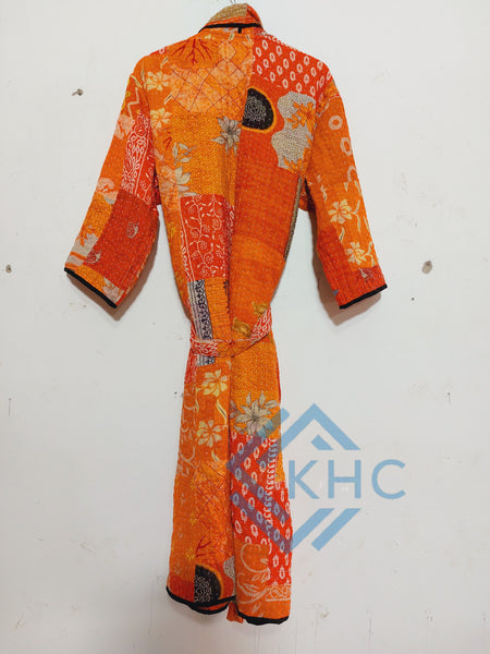 Indian Handmade Vintage Kantha Kimono Robe, Orange Patchwork One Size Robe