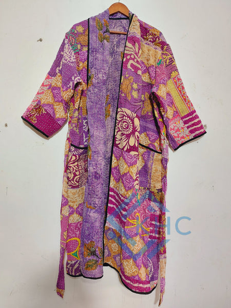 Indian Handmade Vintage Kantha Kimono Robe, Purple Patchwork One Size Robe